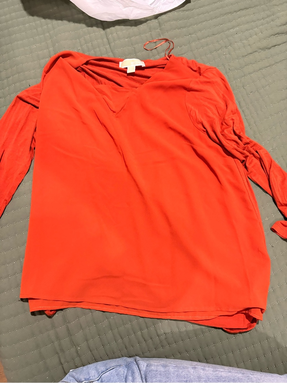 Michael Kors Vibrant Orange Red V-Neck Long Sleeve Blouse